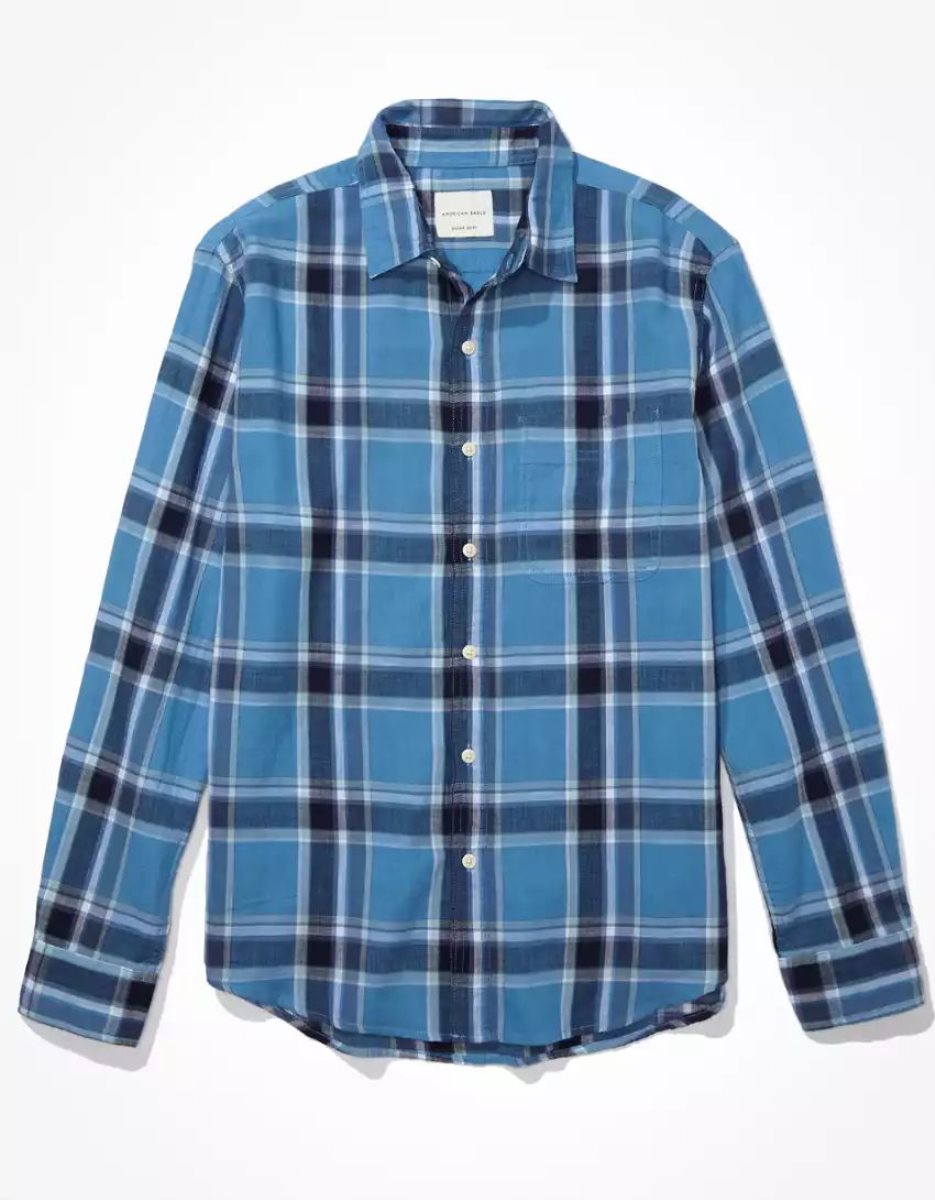 Hauts Flanelle American Eagle AE Super Soft Everyday Plaid Button-Up Shirt Bleu Homme | DWP-66314850